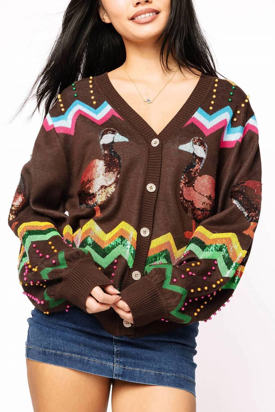 NEW QUEEN OF SPARKLES zig zag duck cardigan in brown